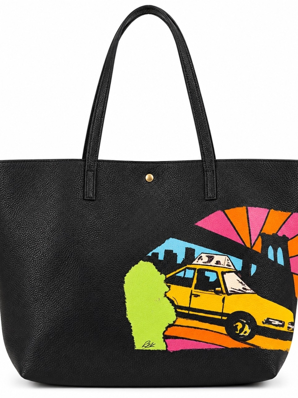 Black Hand Painted Graphic Print Vegan Leather Tote Bag